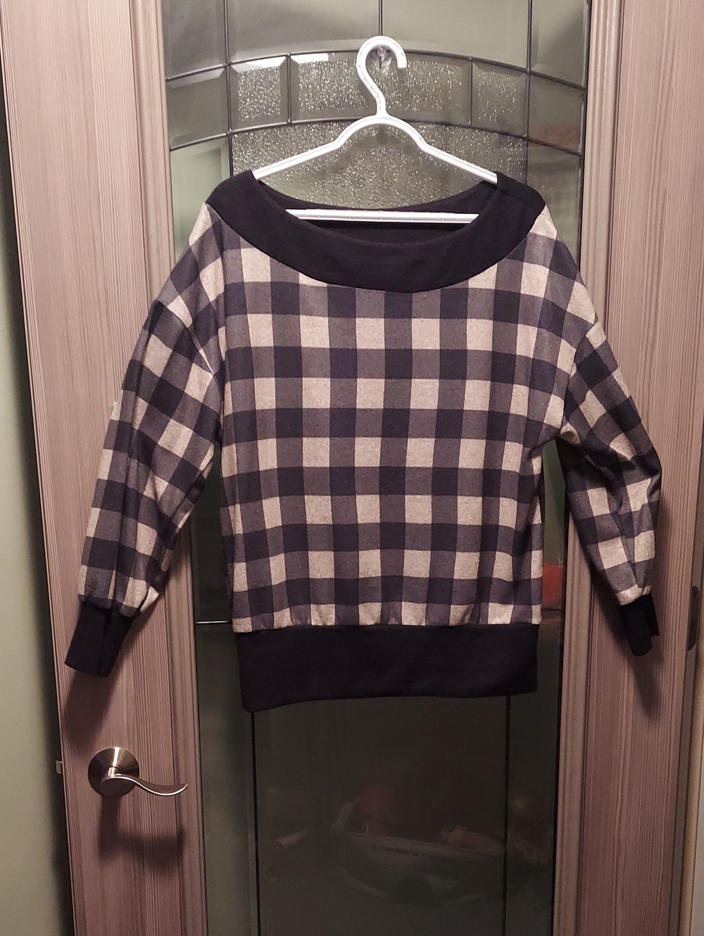 Cato Black and Cream Plaid Boatneck Pullover